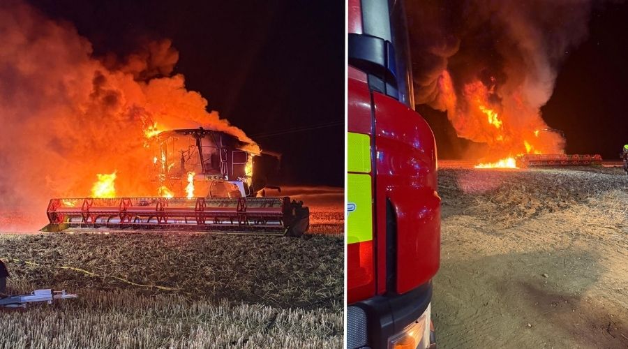 FarmersGuide's tweet card. Firefighters from Thaxted, Wethersfield, Dunmow, and Newport tackled a combine harvester on 23rd July, near Holders Green Road in Thaxted.