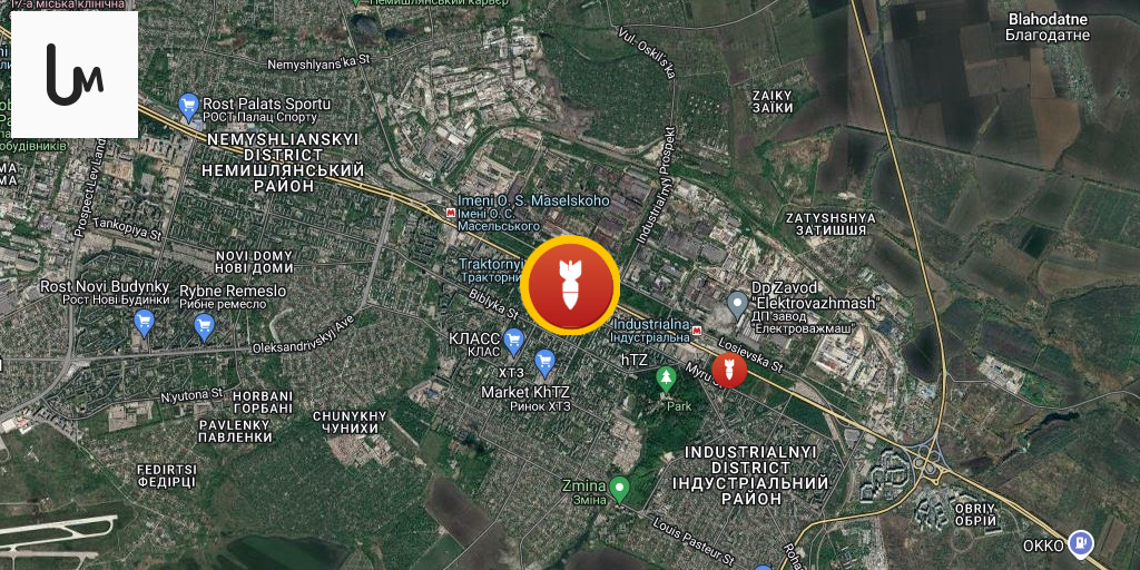 Liveuamap's tweet card. At least 1 person killed, 6 wounded as result of Russian airstrike at medical facility in Industrialny district of Kharkiv Kharkiv - Ukraine Interactive map - Ukraine Latest news on live map -...