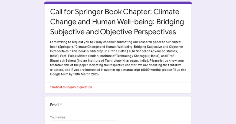 PrithaDatt99344's tweet card. Closed Call for Book Chapters: “Climate Change and Human Well-being: Bridging Subjective and Objective Perspectives” If you are interested in submitting your research paper, kindly fill up the Google...