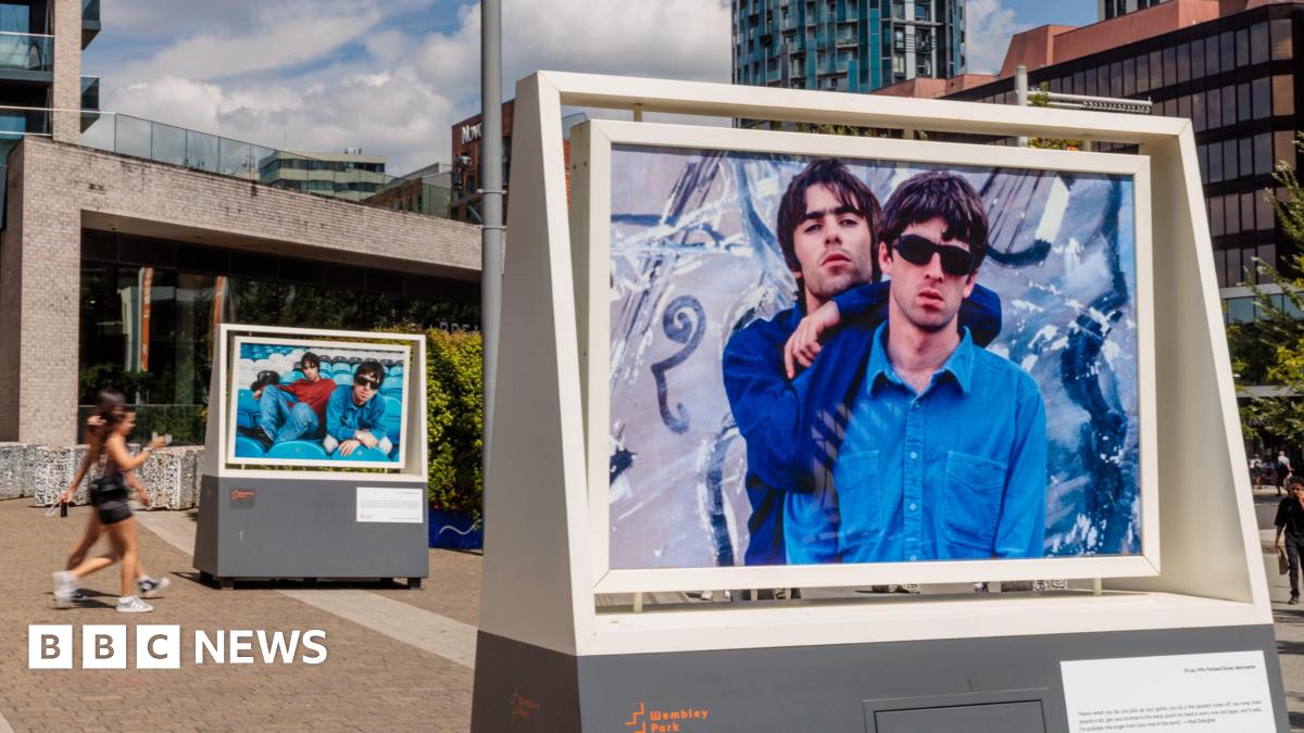 BBCLondonNews's tweet card. Images of the Gallagher brothers are on display in Wembley Park, ahead of the sold-out Oasis shows.