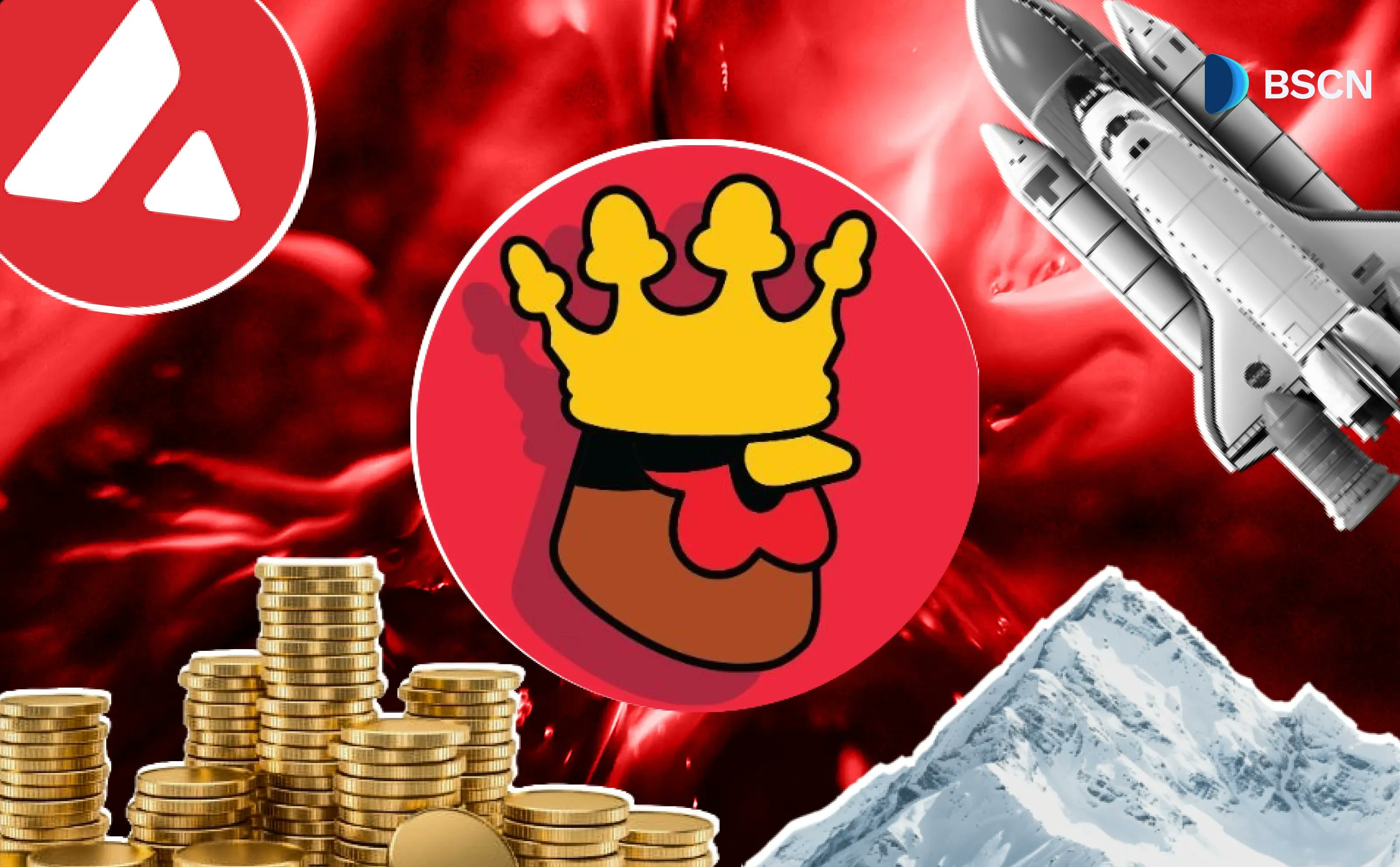 Coq Inu memecoin review featuring a crowned rooster, gold coins, a rocket, and mountains