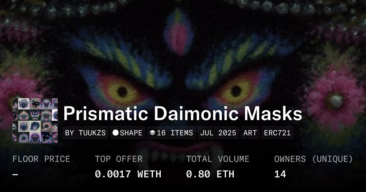 tuukzs's tweet card. A selection of mask-like faces from the Prismatic Daimon Masks Collection, showcasing vivid iridescent hues and psychedelic detail. Each work in the Prismatic Daimon Masks Collection confronts us...