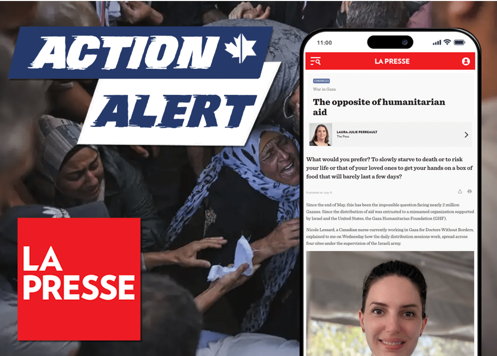 HonestRepCanada's tweet card. In her July 11 column in La Presse, reliably anti-Israel commentator Laura-Julie Perreault attacked Jerusalem’s humanitarian aid efforts in Gaza, claiming they put Gazans in danger.