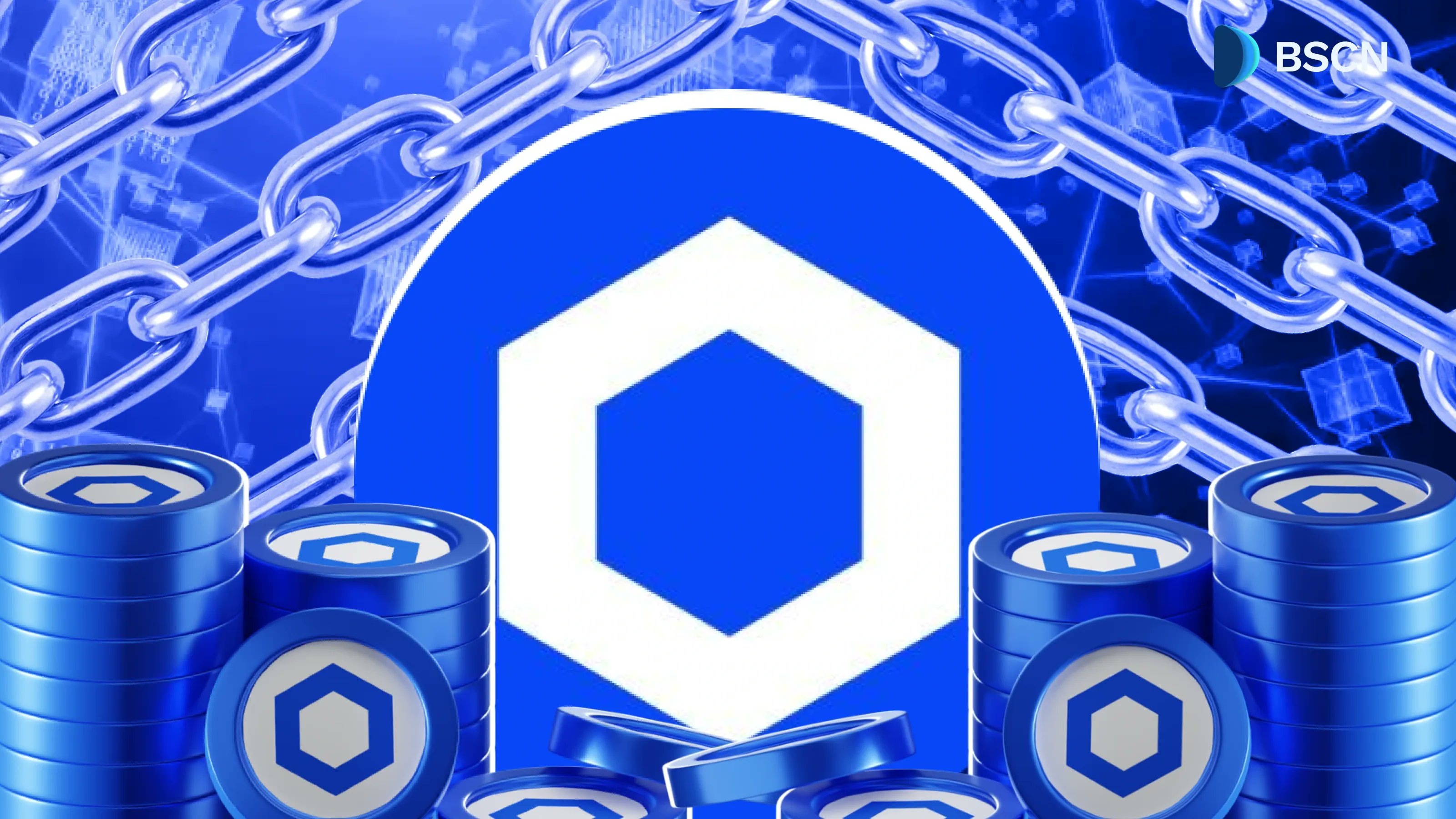 Chainlink LINK logo with blockchain chains and coins