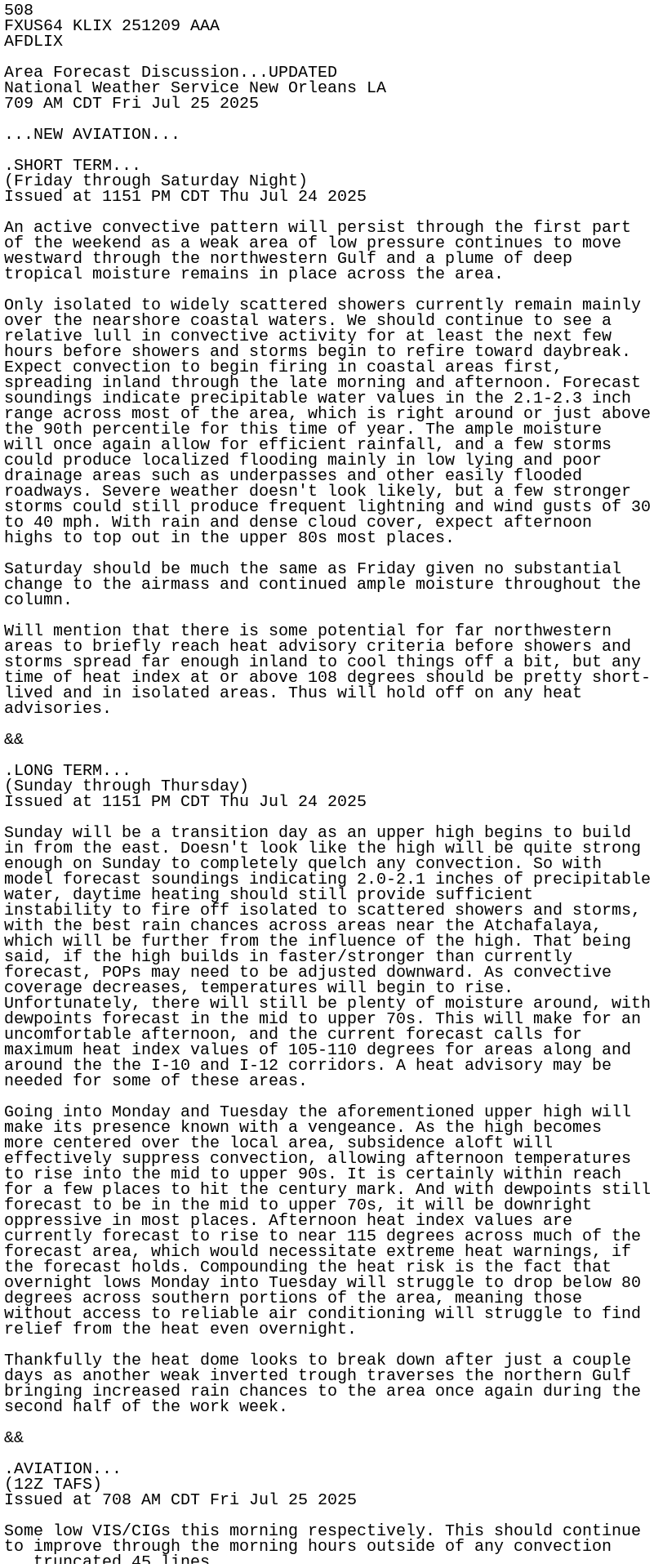 iembot_lix's tweet card. AFD issued by NWS LIX at 25 Jul 2025 12:09 UTC
