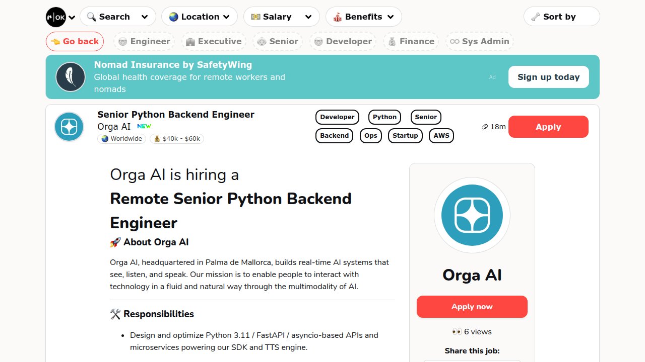 RemoteOK's tweet card. Orga AI is hiring a Remote Senior Python Backend Engineer (💰~$50k). 🚀 About Orga AIOrga AI, headquartered in Palma de Mallorca, builds real-time AI systems that see, listen, and speak. Our mission...