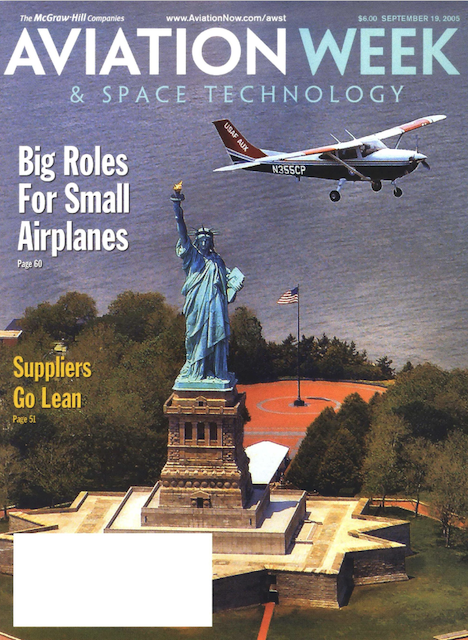 AvWeekBizAv's tweet card. A Civil Air Patrol Cessna 182 Skyplane flies over the Statue of Liberty in New York Harbor. CAP is gradually replacing its fleet of aging piston-powered single-engine airplanes with new skylanes.