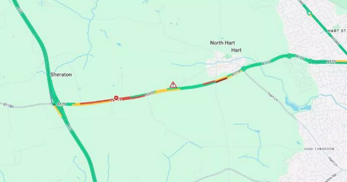 TeessideLive's tweet card. Multiple vehicles were involved in the collision on the dual carriageway which saw the road closed in both directions from Whelley Hill Farm, on Hart Road, towards Hart Village
