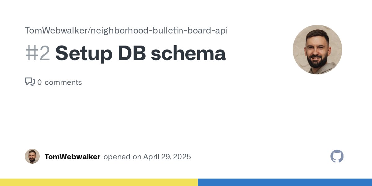 TomWebwalker's tweet card. 🗃️ Task: Implement Initial Database Schema 📋 Description Design and implement the initial database schema for the backend of the Neighborhood Bulletin Board project using NestJS. This includes...