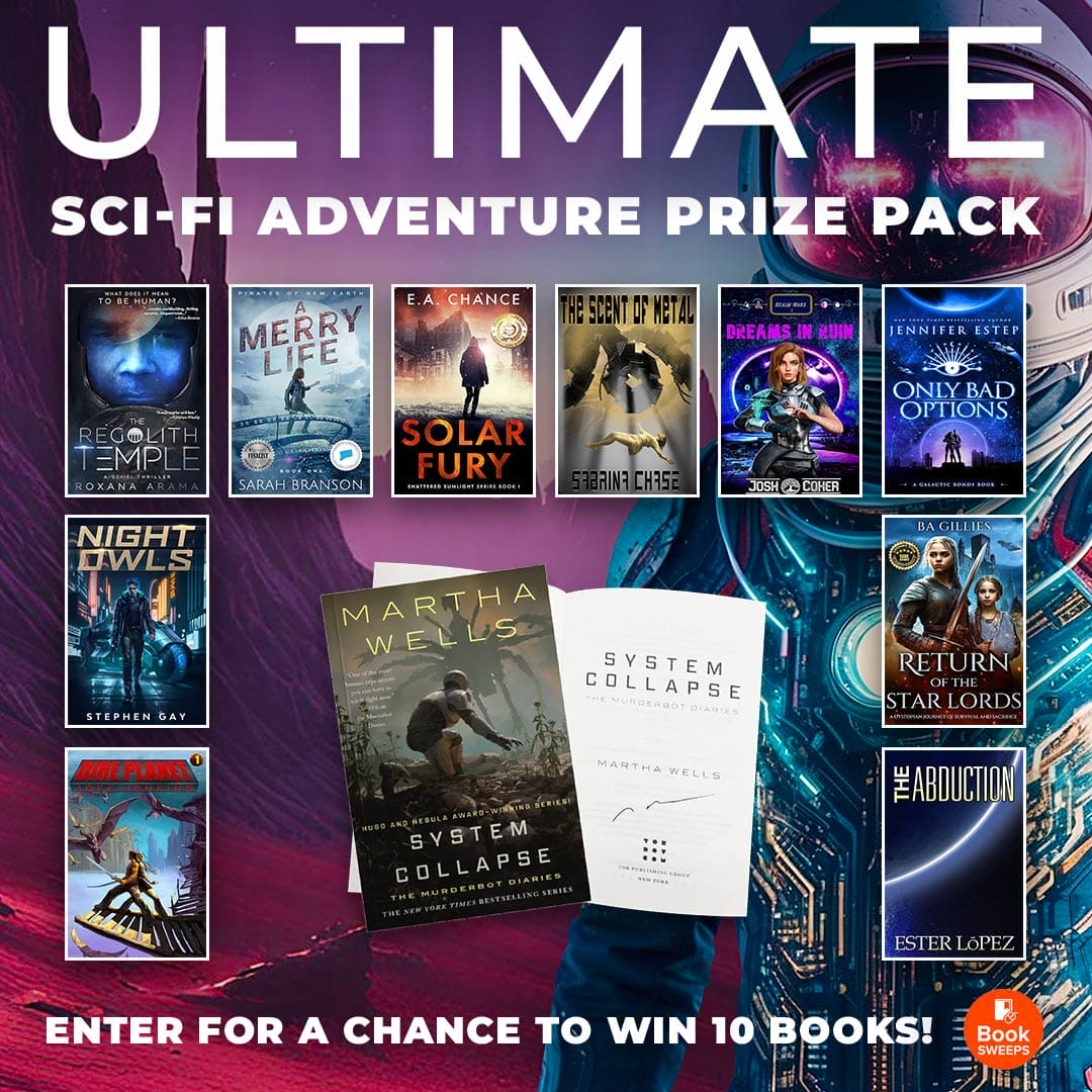 Jennifer_Estep's tweet card. Enter to win the ultimate science fiction adventure book giveaway, featuring a signed copy of System Collapse by Martha Wells!
