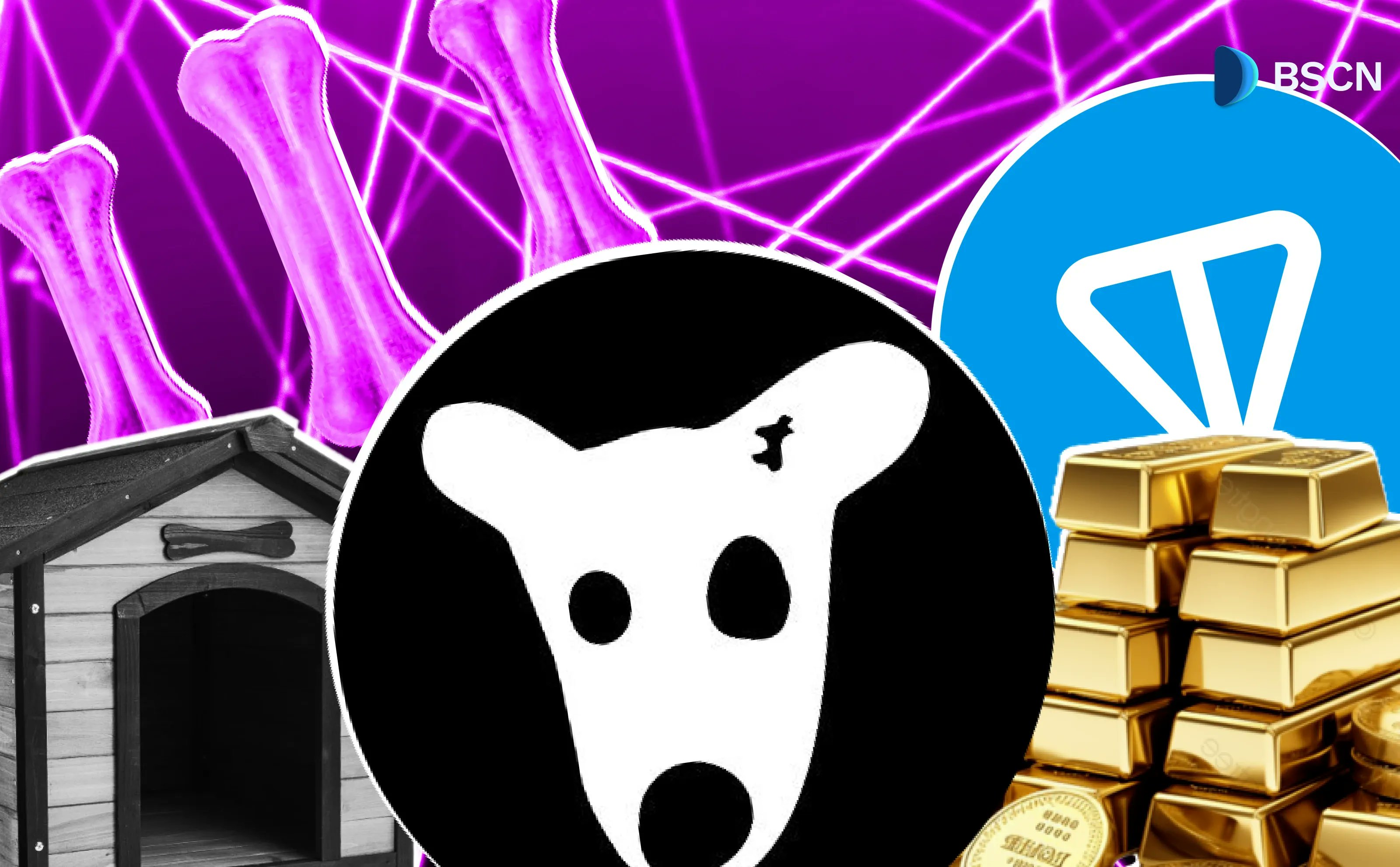 Collage featuring the $DOGS logo, dog house, bones, gold bars, and TON blockchain symbol