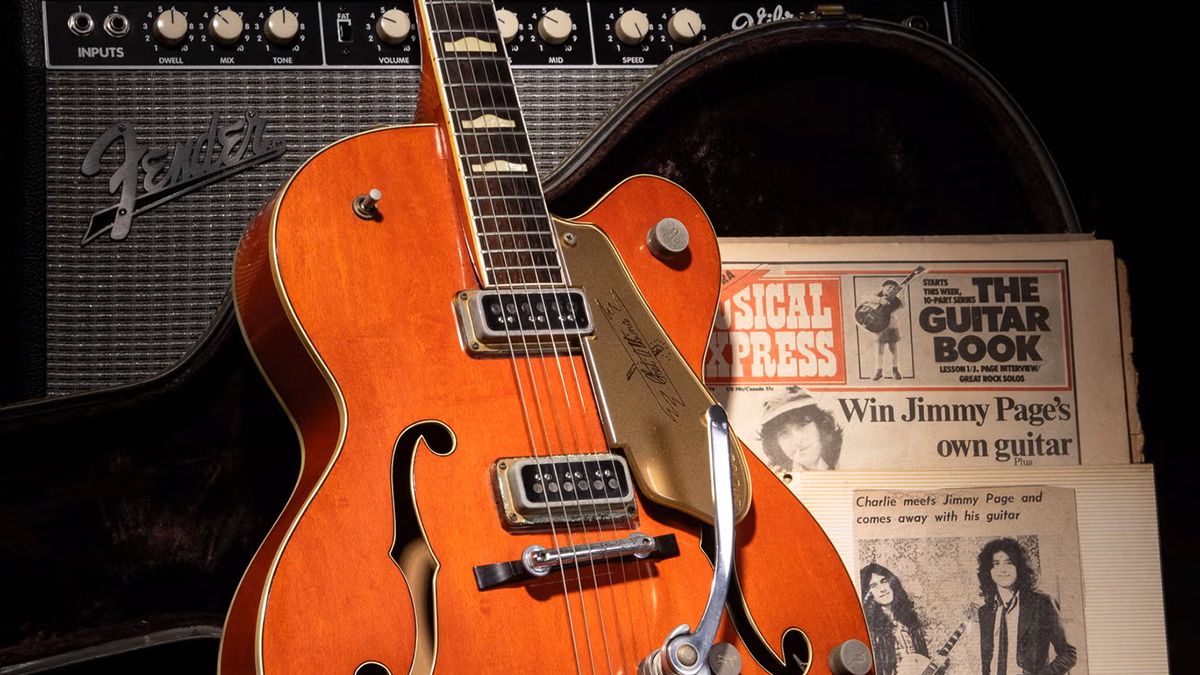 Guitarist_Mag's tweet card. The 1957 Gretsch Chet Atkins 6120 was originally bought by Page in Nashville, back in 1972