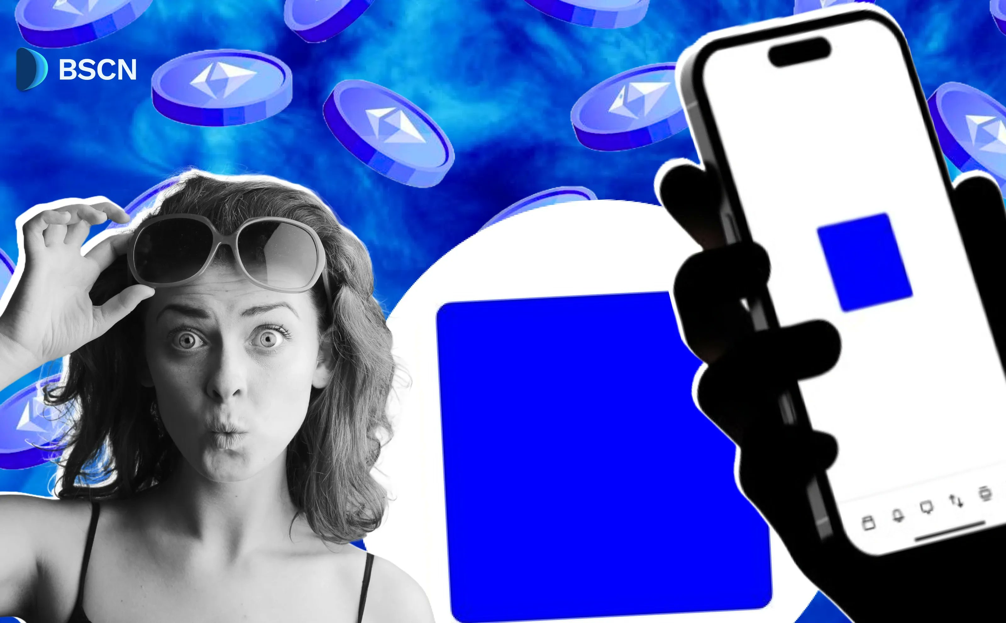 サングラスをかけ驚いた表情の女性が、青い四角形が表示されたスマホを持ち、背景にイーサリアムコインがある