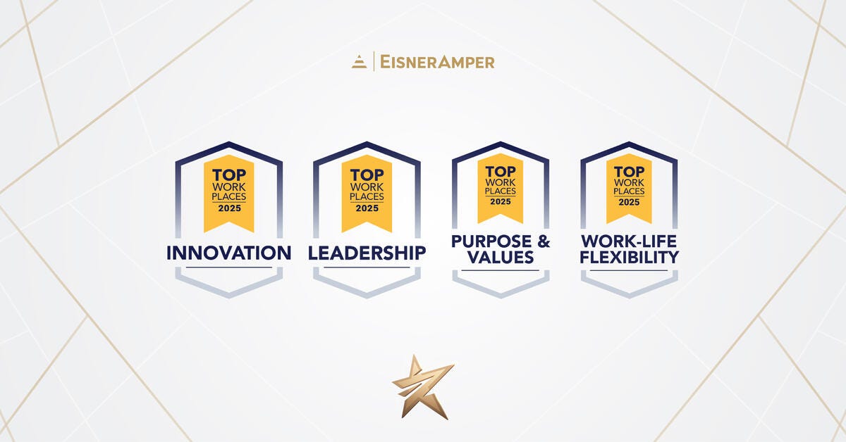 EisnerAmper's tweet card. EisnerAmper has earned a “2025 Top Workplaces Culture Excellence” recognition in the categories of Innovation, Leadership, Purpose & Values, and Work-Life Flexibility.