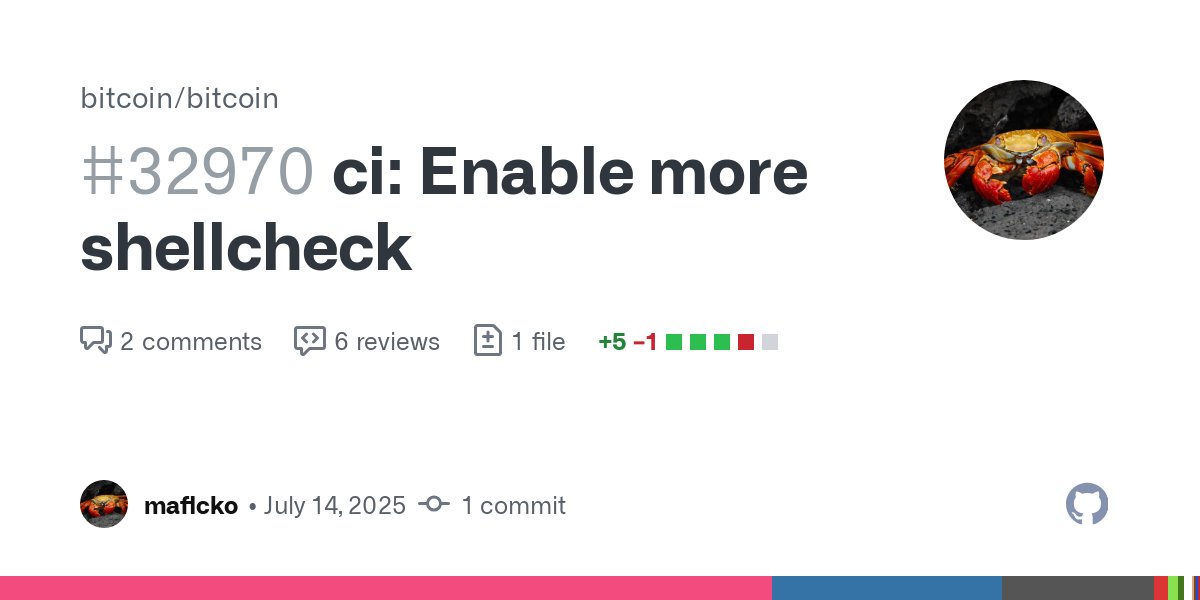 BitcoinMerges's tweet card. shellcheck is often the main "reviewer" of CI code written in Bash, so it seems odd to disable it by putting commands into bash -c "cmd...". Fix that by removing...
