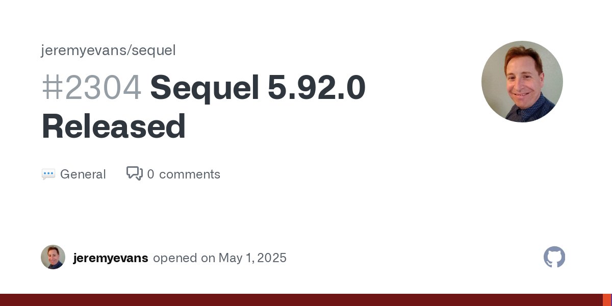 jeremyevans0's tweet card. Sequel 5.92.0 has been released! New Features Objects that respond to sql_literal_append or sql_literal to support custom literalization in Sequel datasets can now also implement the sql_literal_al...
