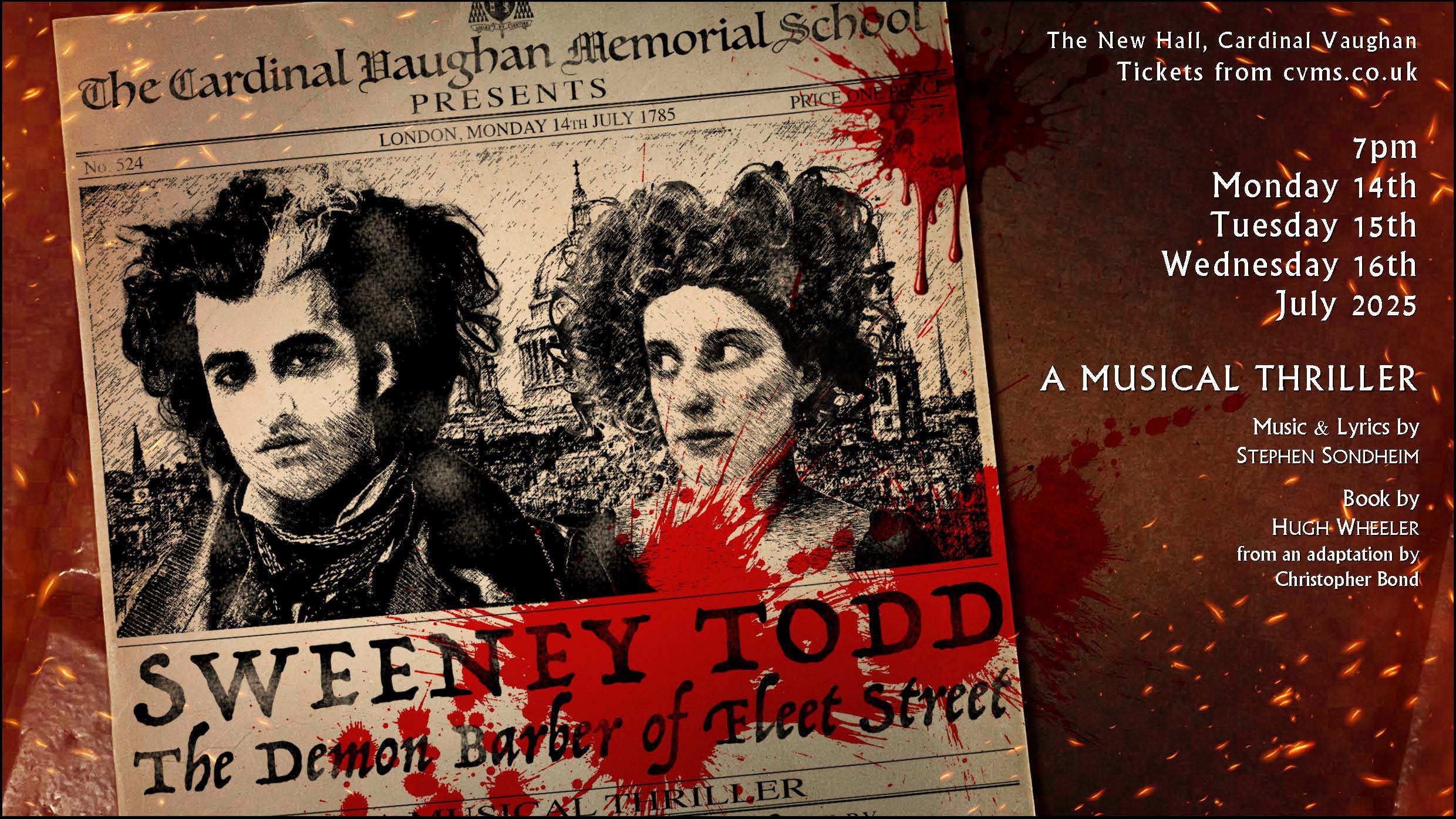CVMSMusic's tweet card. Sweeney Todd – this year’s CVMS Musical will take place 14 - 16 July, 7 pm in the New Hall. Tickets £15 and £7 (concessions) available online...