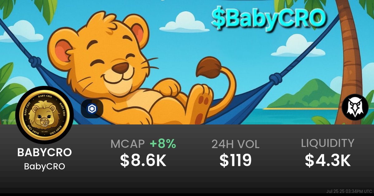 Babycryptocom's tweet card. $0.00009555 BabyCRO (BABYCRO) realtime price charts, trading history and info - BABYCRO / WCRO on Cronos / VVS Finance