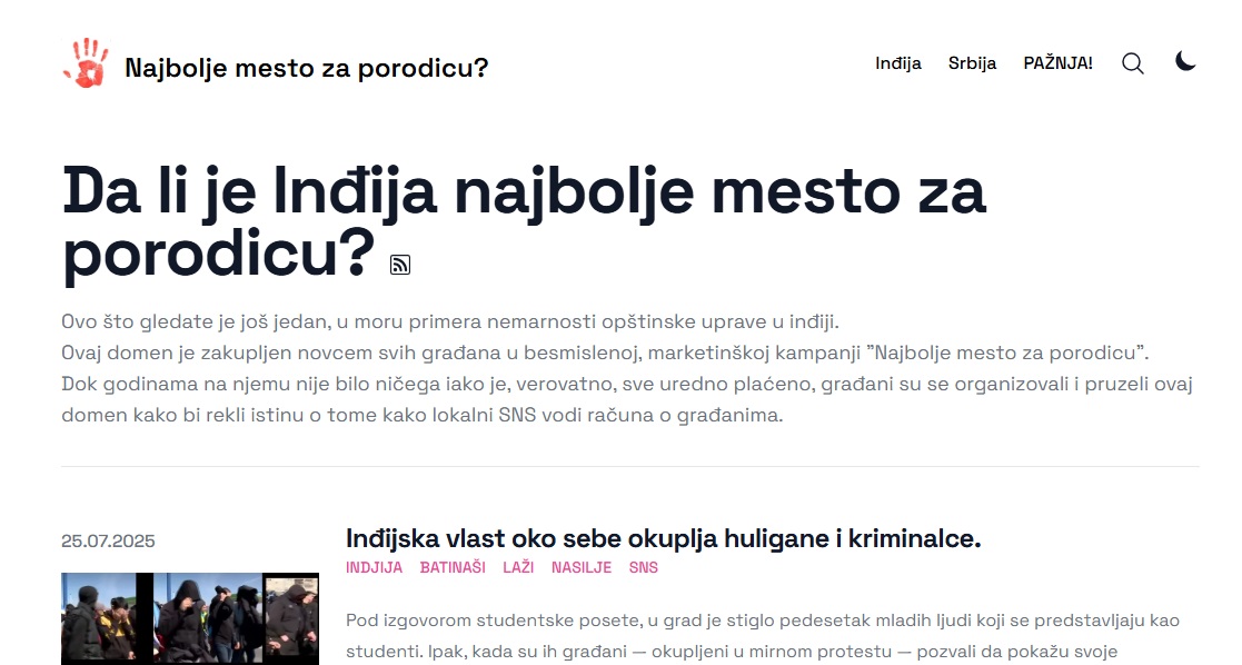 autonomijandnv's tweet card. Propustom administratora opštinakog sajta, istekao je domen “Inđija najbolje mesto za porodicu” te su građani kupili taj domen i plasiraju vesti o korupciji, neodgovornosti, problemima i propustima.