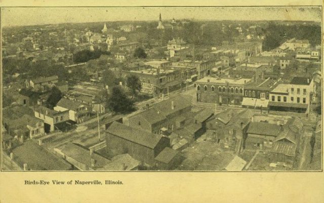 NapervilleSun's tweet card. If there was ever a doubt that Naperville was once a one-horse town, this “bird’s eye view” postcard from 1908 will dispell it.