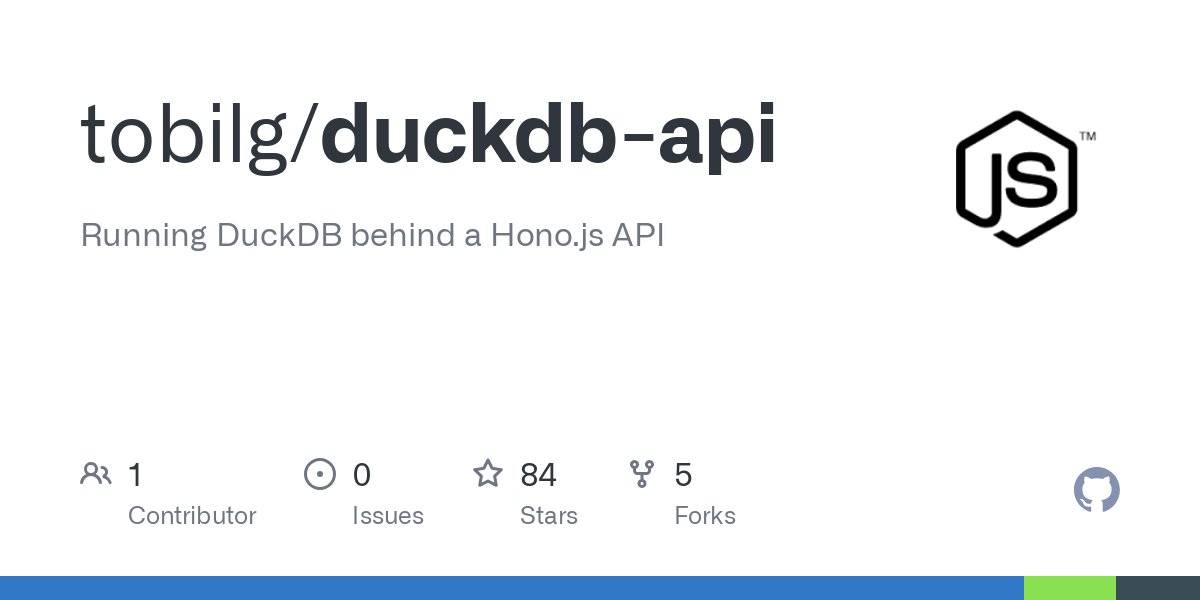 TobiM's tweet card. Running DuckDB behind a Hono.js API. Contribute to tobilg/duckdb-api development by creating an account on GitHub.