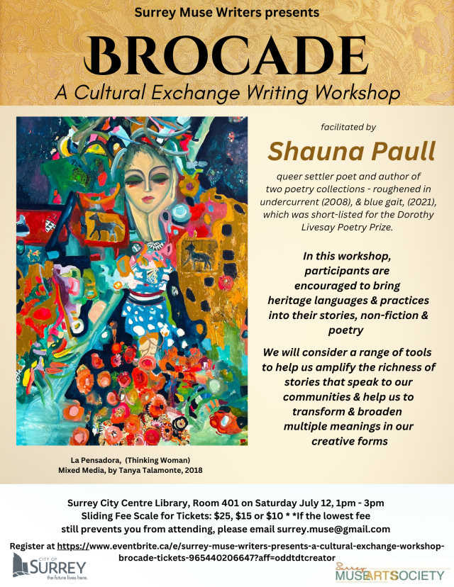 SurreyMuse's tweet card. In this workshop, participants are encouraged to bring heritage languages & practices into the stories, non-fiction & poetry they create.
