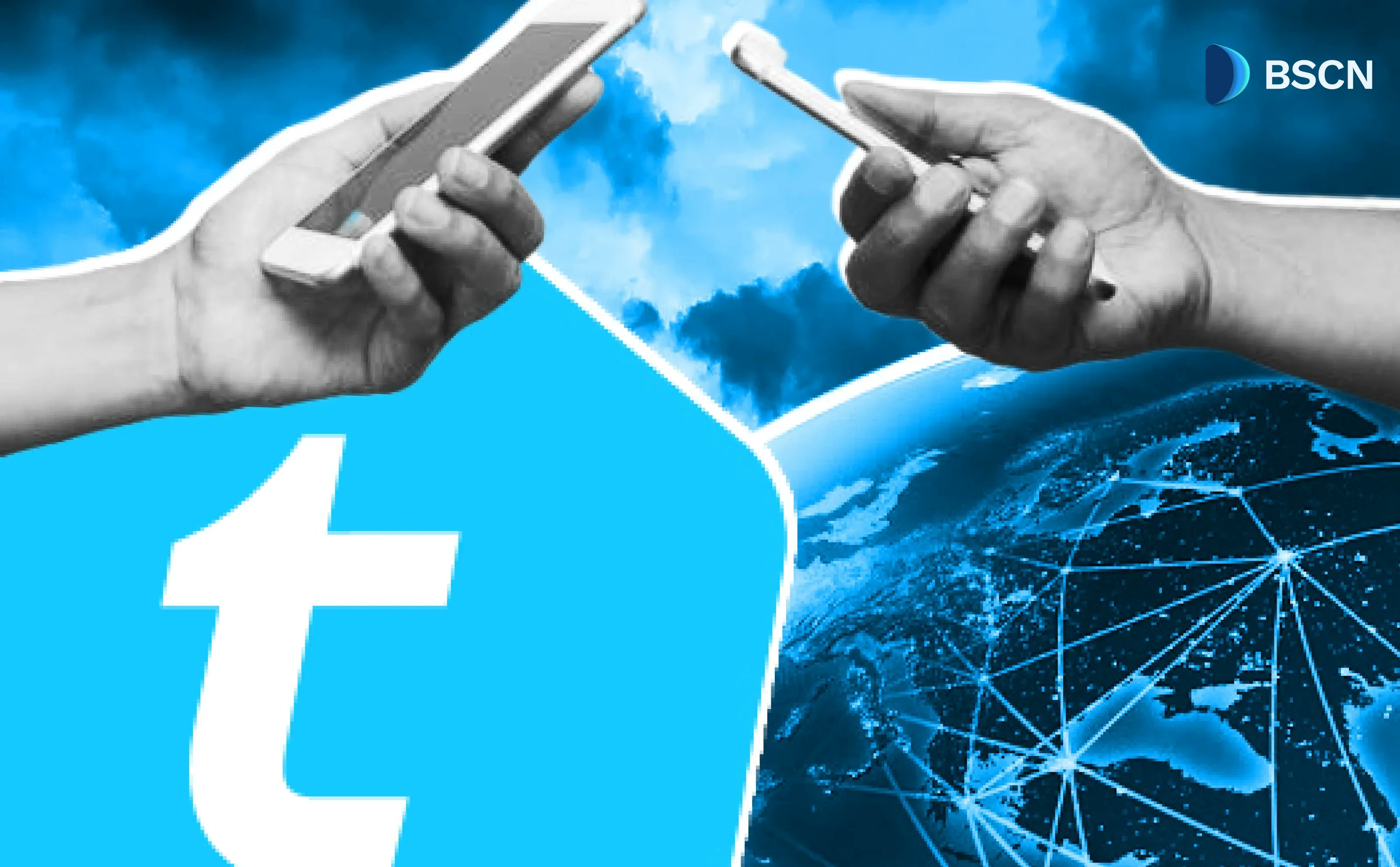 Hands exchanging money via smartphones with a global network background