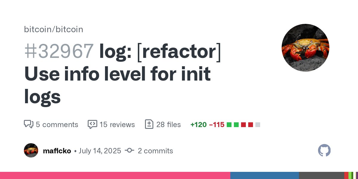 BitcoinMerges's tweet card. Many of the normal, and expected init logs, which are run once after startup use the deprecated alias of LogInfo. Fix that by using LogInfo directly, which is a refactor, except for a few log lines...