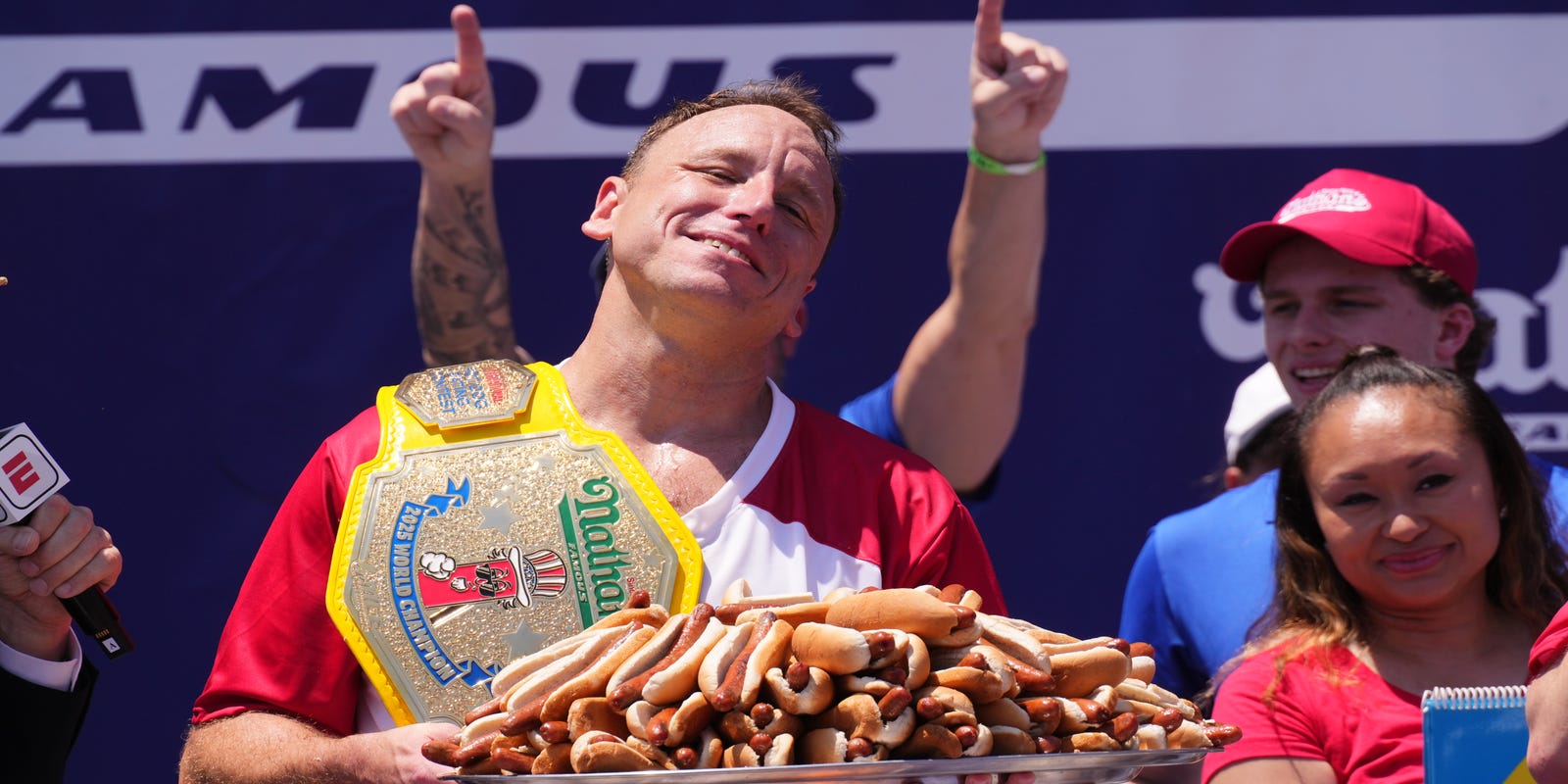 carenbohan's tweet card. Joey Chestnut returned to dominate the 2025 Nathan’s Hot Dog Eating Contest. Miki Sudo won the women's competition.