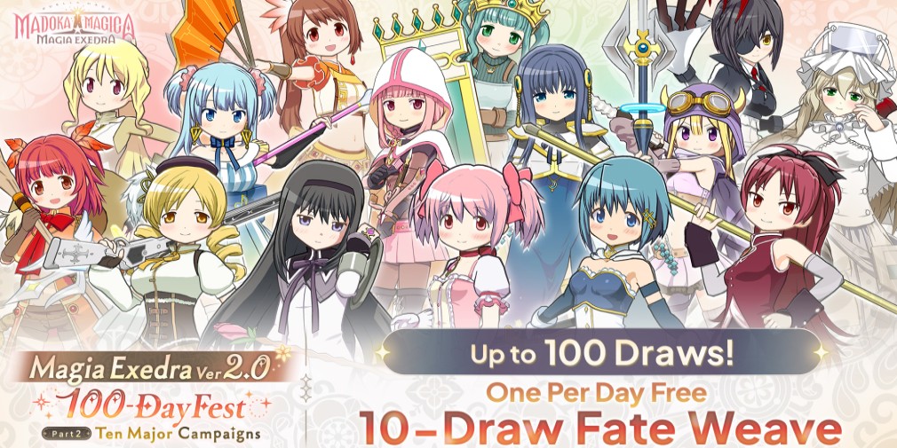 PocketGamer's tweet card. Magia Exedra expands its main quest with Scene 0 Part 1, offering new story content, exclusive rewards, and up to 100 free Fate Weaves during the 100-Day Fest Part 2