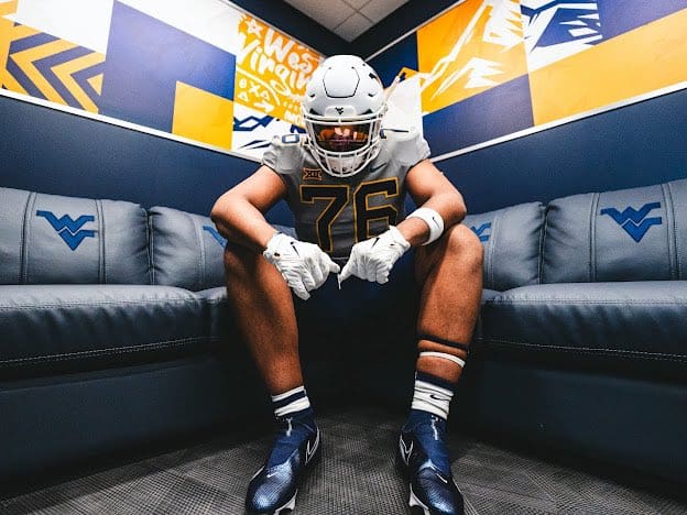 WVSportsNow's tweet card. Andreas Hunter is a 6-foot-5 offensive tackle who committed to WVU Football as a preferred walk-on in 2024.