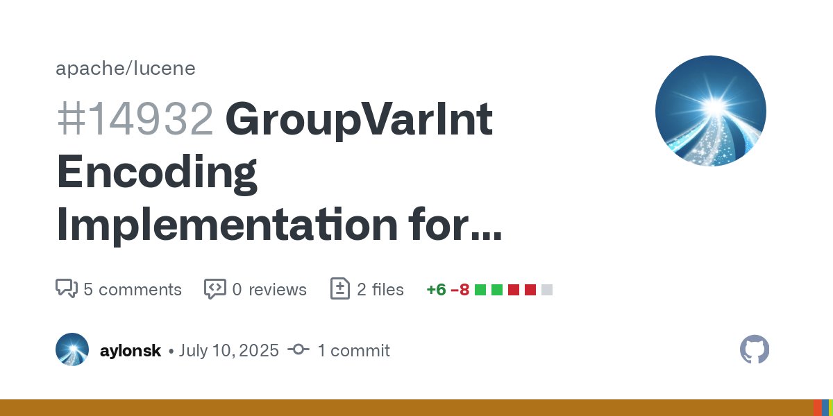 jpountz's tweet card. Description For HNSW Graphs, the alternate encoding I implemented was GroupVarInt encoding, which in theory should be less costly both in space and runtime. The pros of this encoding would be that ...