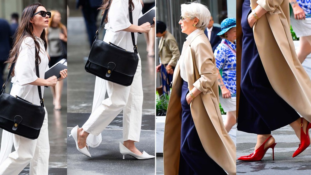 wwd's tweet card. Anne Hathaway wore spiked Prada heels while Meryl Streep stepped out in sculptural Jacquemus pumps on the ‘Devil Wears Prada 2’ set on Thursday.