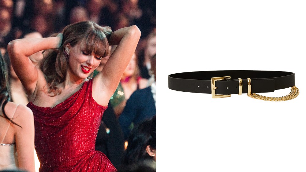 wwd's tweet card. Taylor Swift was just seen wearing a black leather belt with a gold chain. Shop the exact style here, and learn about fall 2025's hottest belt trend.