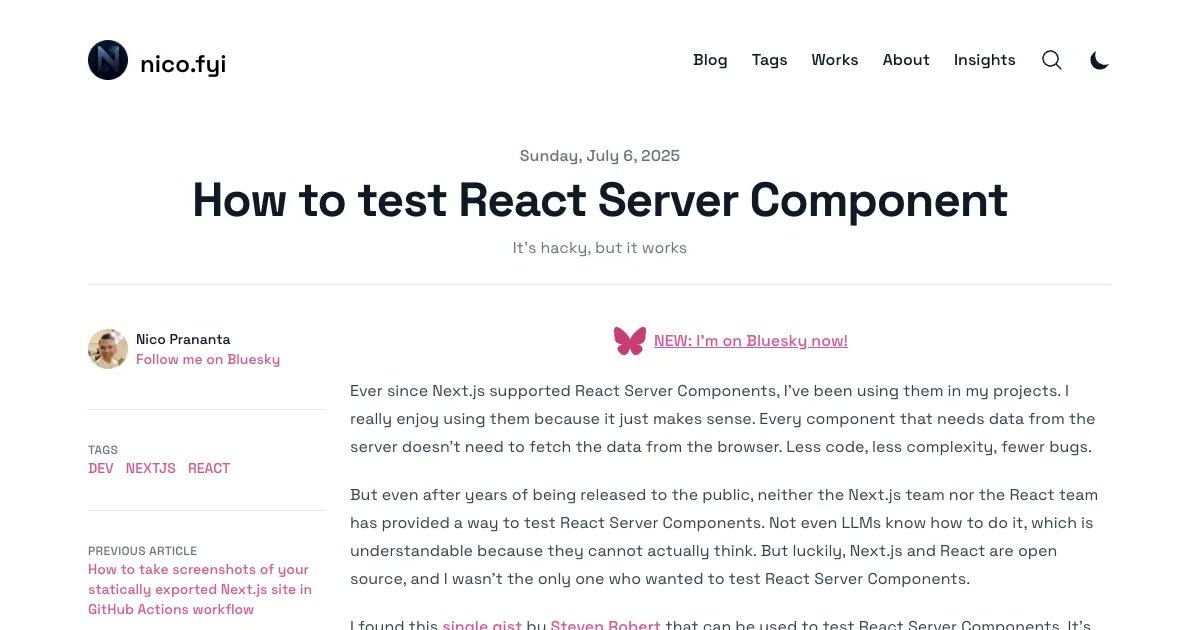 ReactNorway's tweet card. This is a tutorial on how to test React Server Component in Next.js