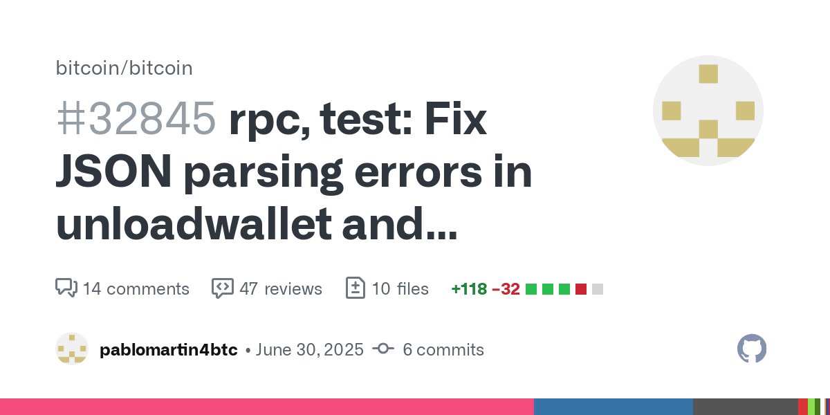 BitcoinMerges's tweet card. Currently, unloadwallet RPC call fails with a JSON parsing error when no wallet_name argument is provided. This behavior is misleading because the error originates from a low-level JSON type mismat...