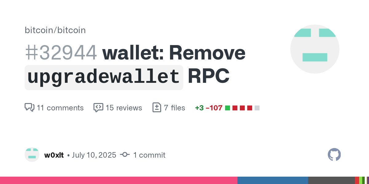 BitcoinMerges's tweet card. Based on discussions in #32803, this PR proposes removing the upgradewallet RPC.