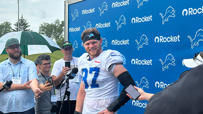 wjrradio's tweet card. Photo: Nick Lundberg ~ 760 WJR ALLEN PARK, July 25, 2025 ~ After a horrific leg injury that kept him sidelined for more than half of the regular season and the playoffs, Detroit Lions' defensive end...