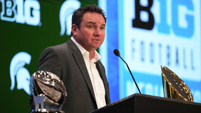 wjrradio's tweet card. Photo: Lucas Peltier ~ USA TODAY NETWORK LAS VEGAS, July 25, 2025 ~ Michigan State Head Coach Jonathan Smith addressed the media Friday at Big Ten Media Days, emphasizing roster continuity, player...