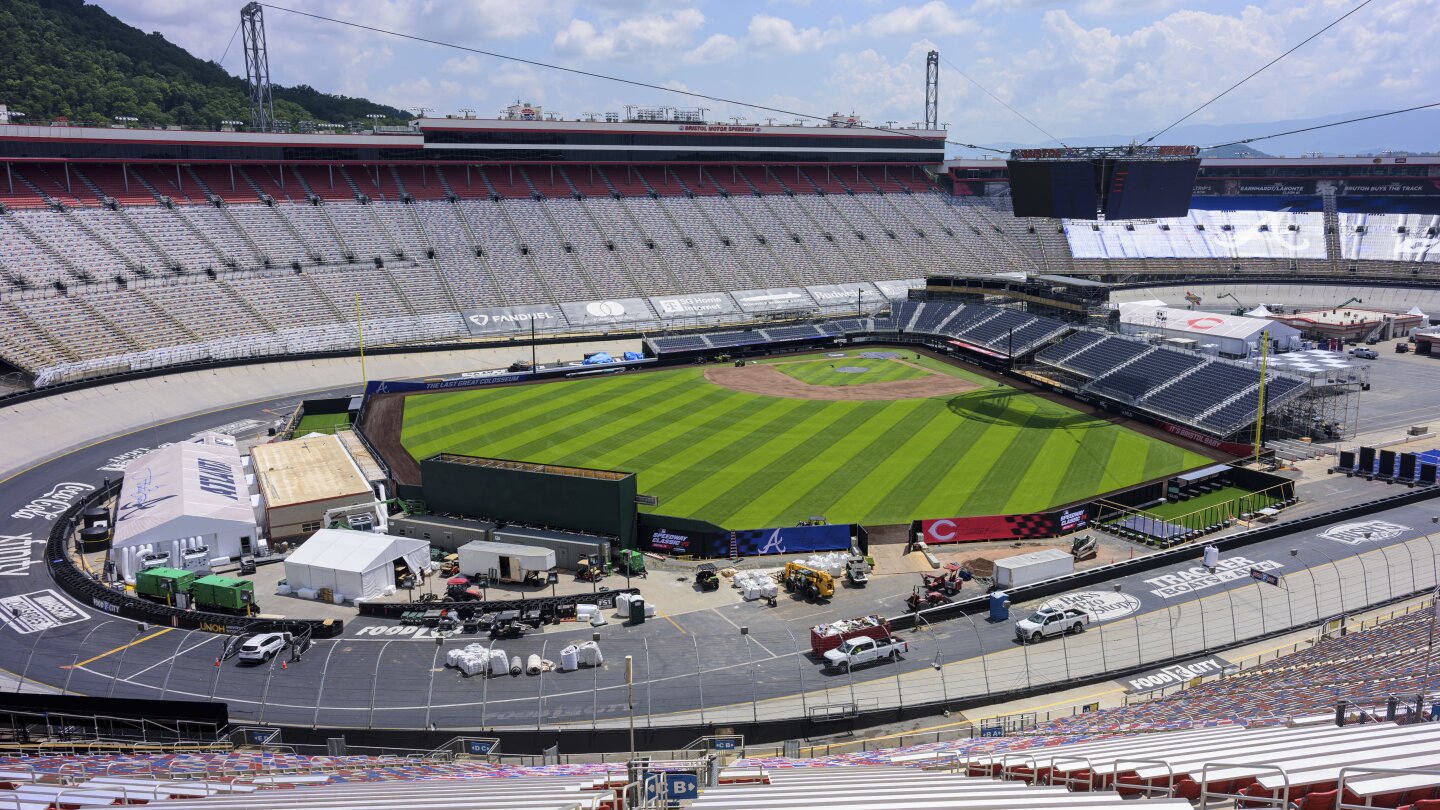jcohenap's tweet card. Workers have some finishing touches to put on the field inside the racetrack at Bristol Motor Speedway, where officials are expecting a record crowd to watch the Cincinnati Reds play the Atlanta...