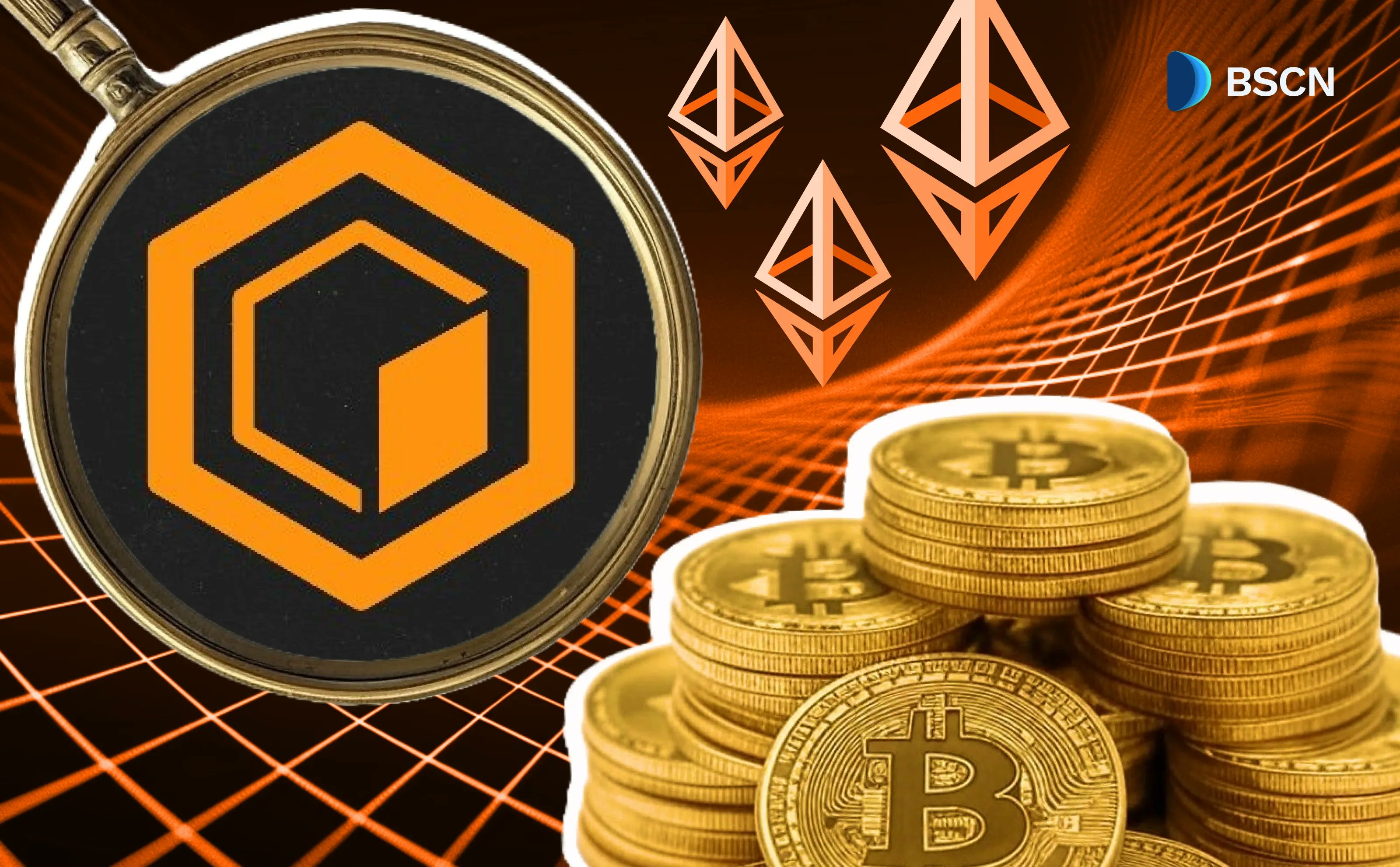 Core DAO 项目图，展示 CORE 标志、比特币币和以太坊符号