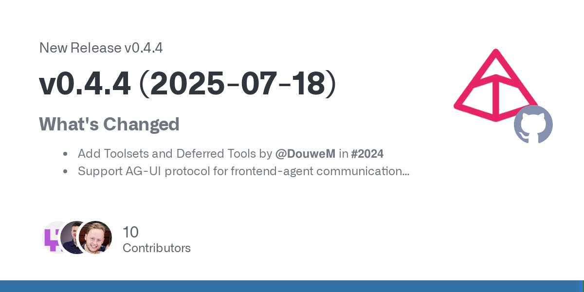 pydantic's tweet card. What's Changed Add Toolsets and Deferred Tools by @DouweM in #2024 Support AG-UI protocol for frontend-agent communication by @stevenh in #2223 Add identifier field to BinaryContent class by @...