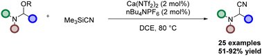MML_ResearchQUB's tweet card. We report an operationally simple calcium catalysed Strecker type reaction for the synthesis of α-aminonitriles from readily available N,O-acetals. The reaction is tolerant to a wide range of useful...