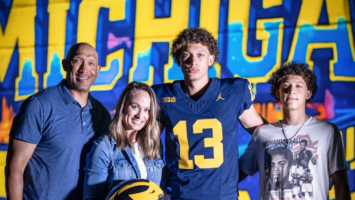 9Preps's tweet card. The 6'6 210 TE from Denver chose the Wolverines over Minnesota, Texas Tech, and Miami.
