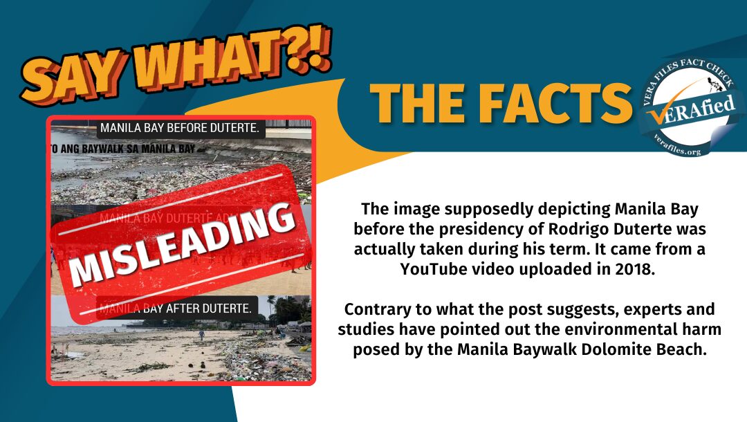 verafiles's tweet card. The image supposedly depicting Manila Bay before the presidency of Rodrigo Duterte was actually taken during his term. It came from a YouTube video uploaded in 2018.