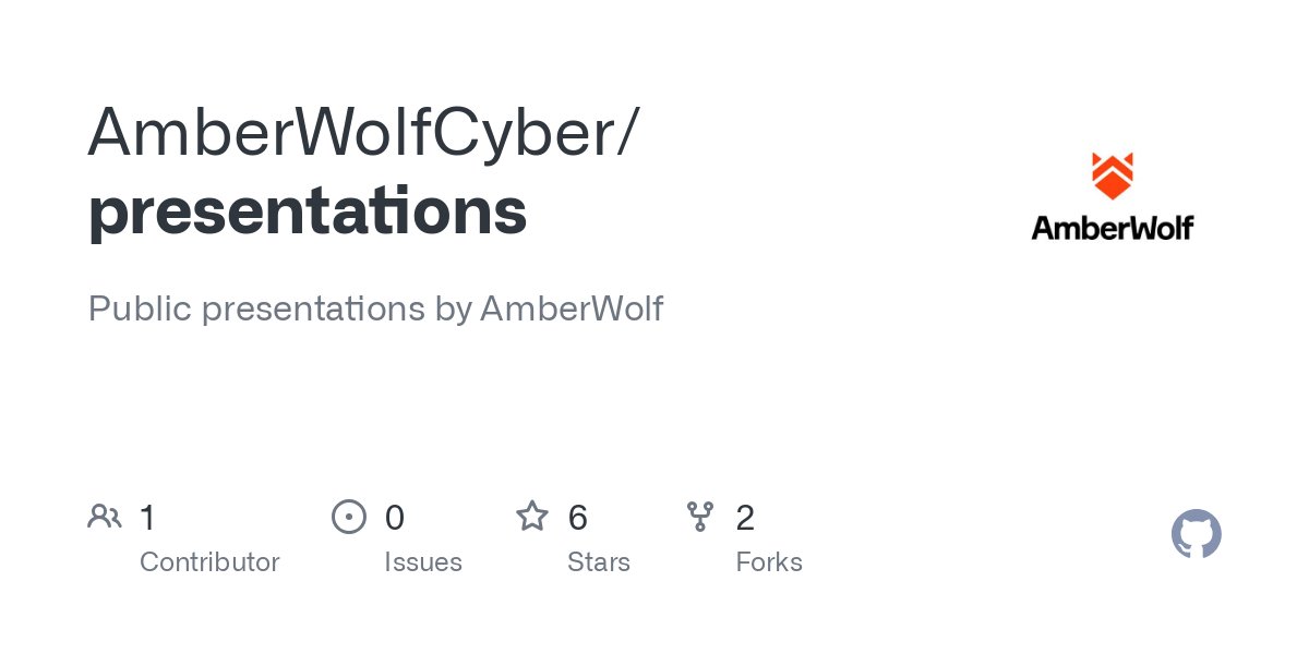 AmberWolfSec's tweet card. Public presentations by AmberWolf. Contribute to AmberWolfCyber/presentations development by creating an account on GitHub.