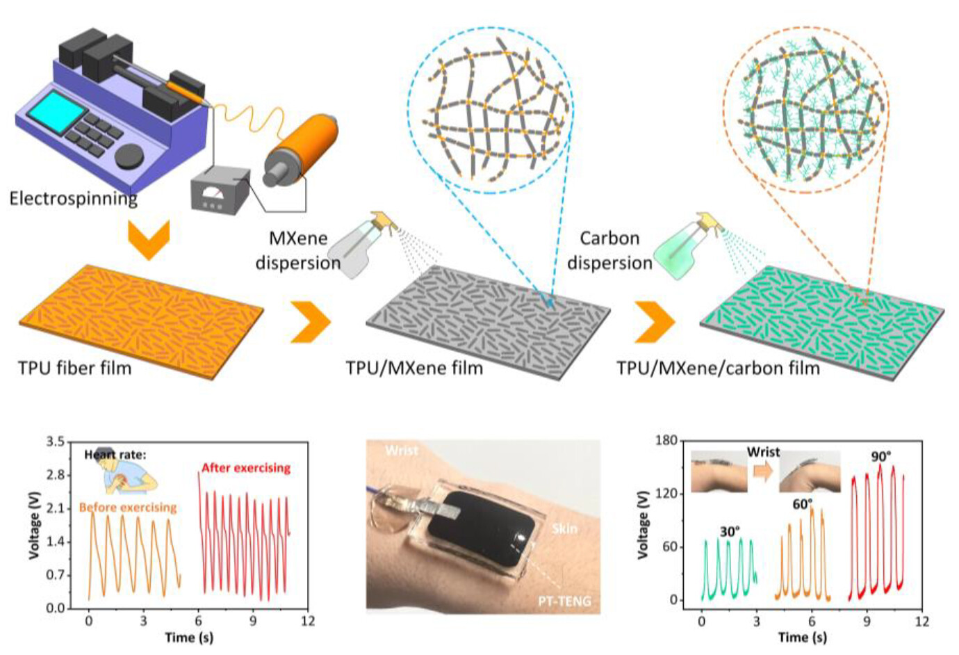 ChemNanoMat's tweet card. A flexible TPU/MXene/carbon conductive electrode and combined with PDMS is prepared for triboelectric nanogenerator (PT-TENG) to harvest mechanical energy, and it can also monitor the posture...