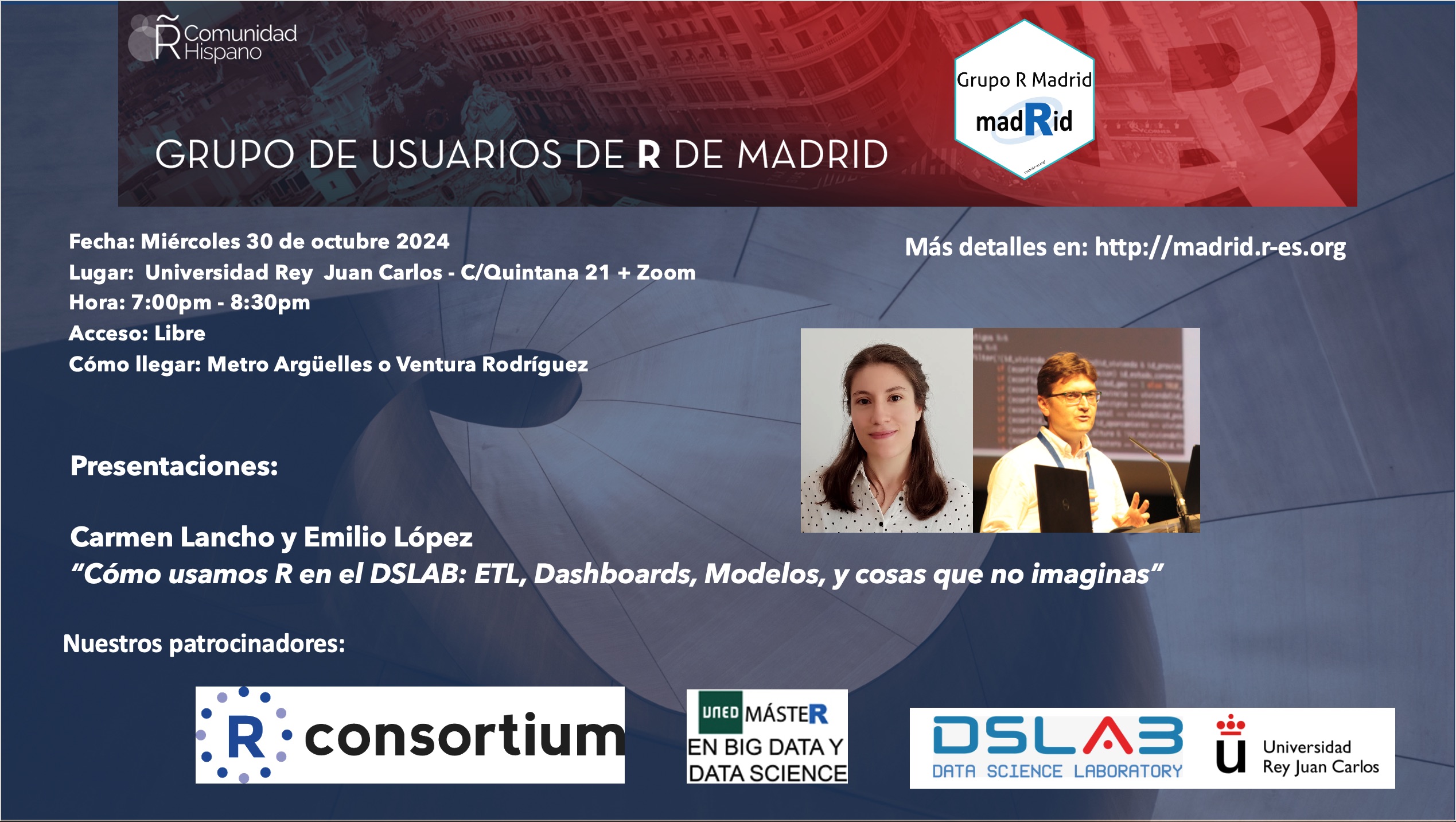 coforfe's tweet card. Lugar: Sede URJC Madrid (c/Quintana 21) + Zoom Hora: 7:00pm – 8:30pm Introducción a la sesión y presentación de patrocinadores (5 minutos) Presentación Carmen Lancho y Emilio L. Cano «Cómo us…