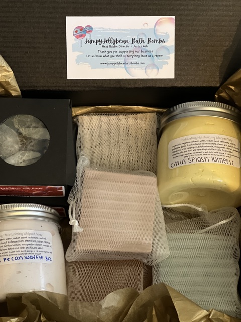 JumpyJellybean_'s tweet card. You will receive a mystery box filled with soap. Soaps such as; bar soaps w/mesh soap bags (best use to keep the soaps in the bag, allows your soaps t...