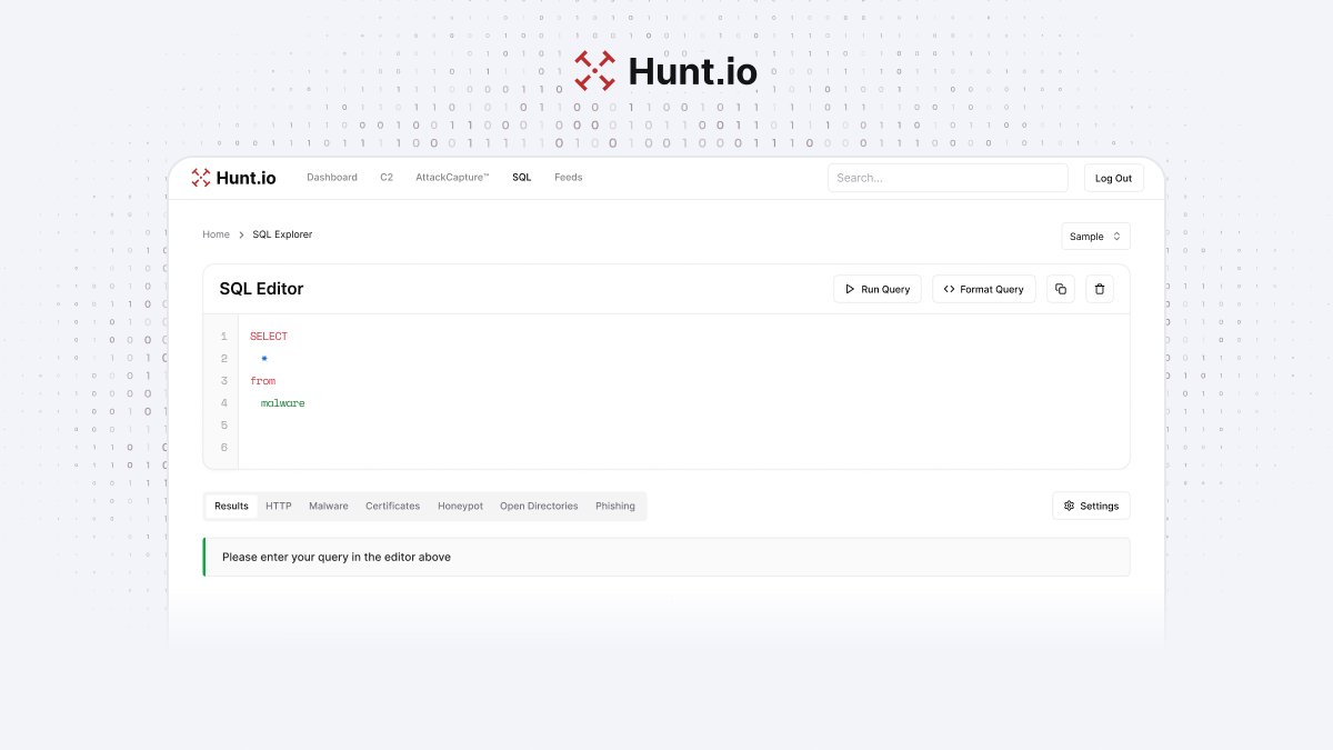 Huntio's tweet card. Query Hunt's database using SQL to track C2 servers, phishing sites, malware, and more. Ideal for researchers, analysts, and threat hunters. Book your demo now.